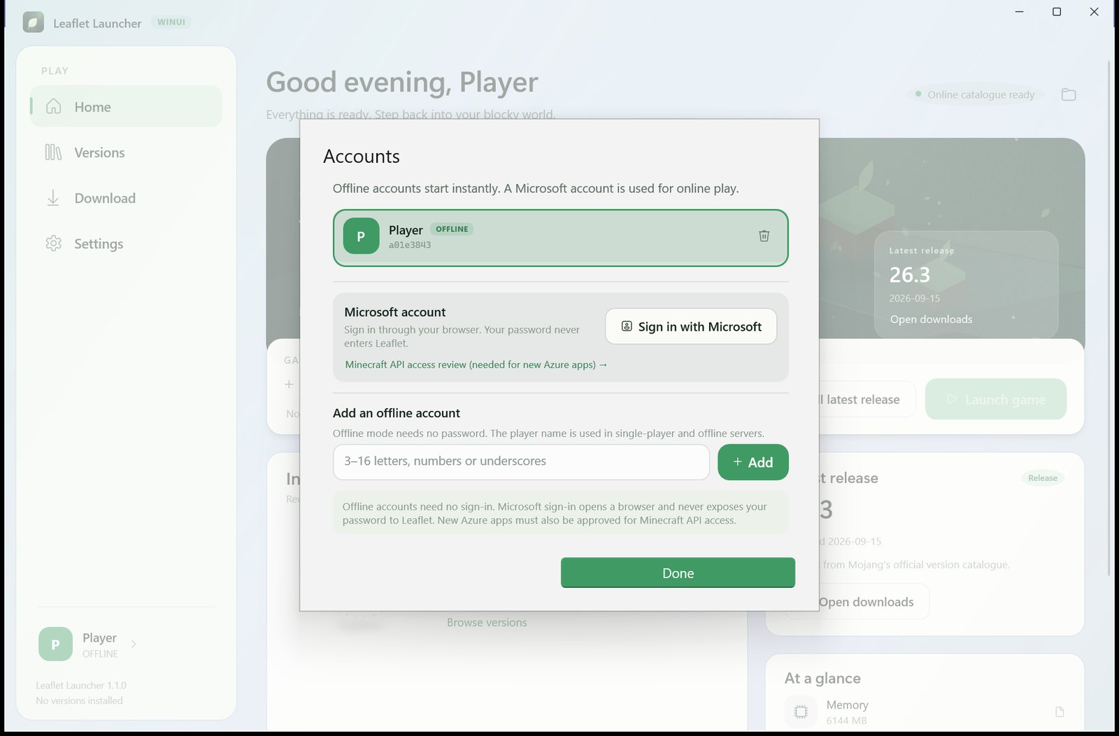 Leaflet Launcher Accounts panel showing the Microsoft account sign-in option and offline profile